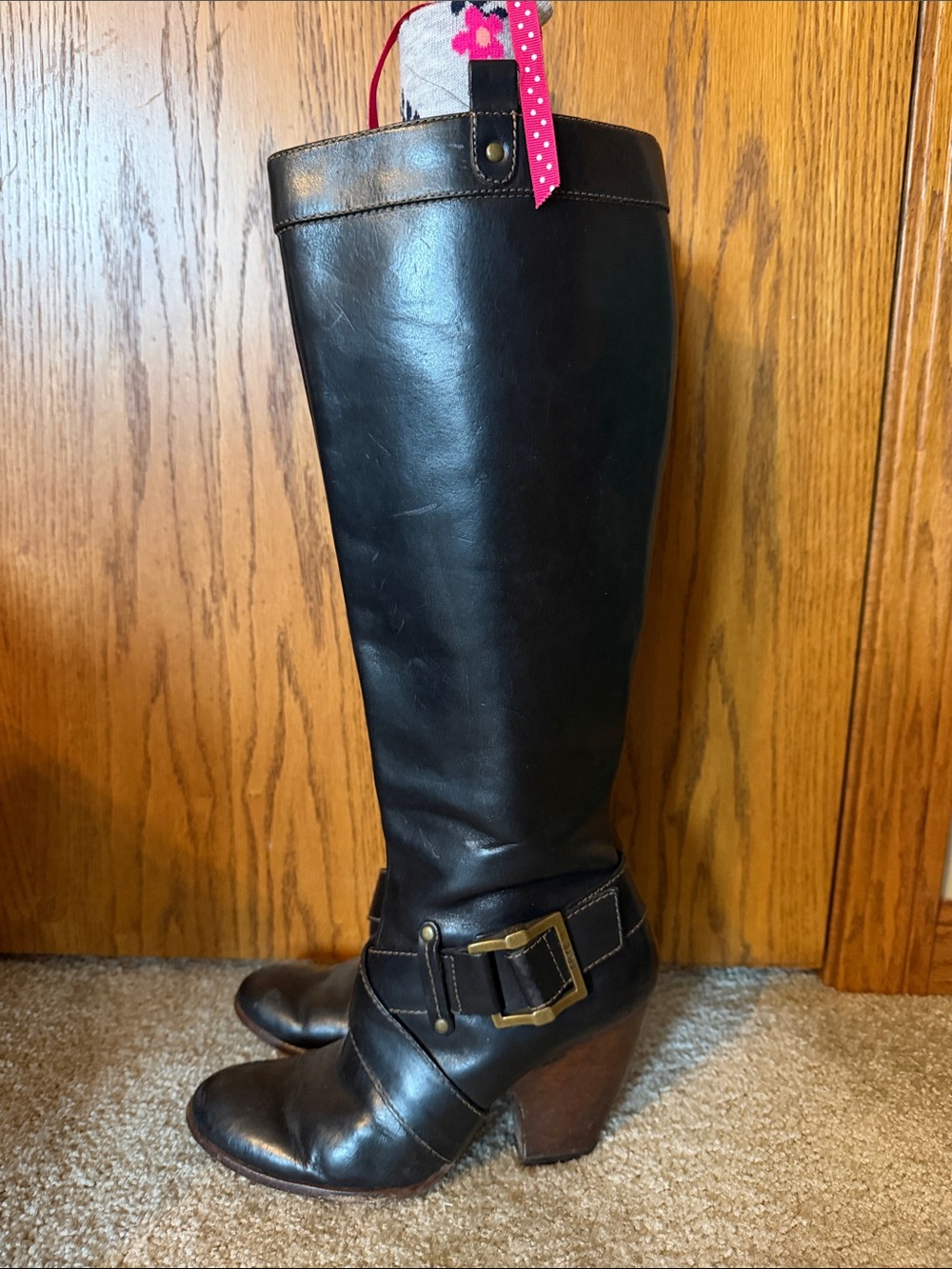 Women's Black Leather Knee-High Riding Boots with Buckle